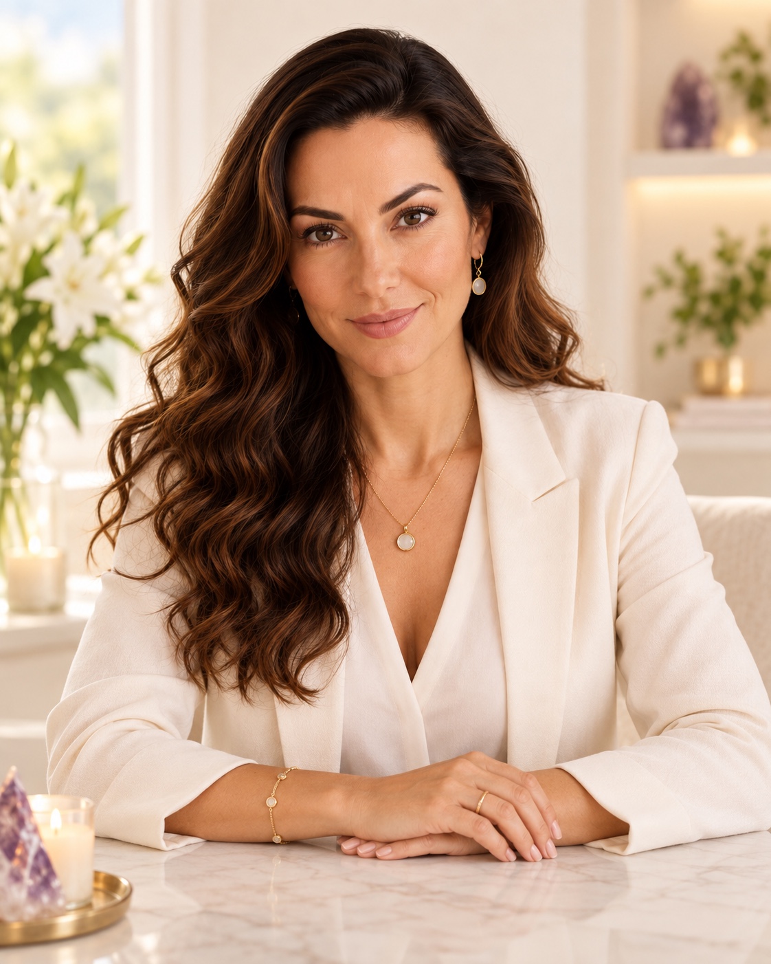 Laura Benevides de blazer branco, sentada à mesa, olhando diretamente para a câmera